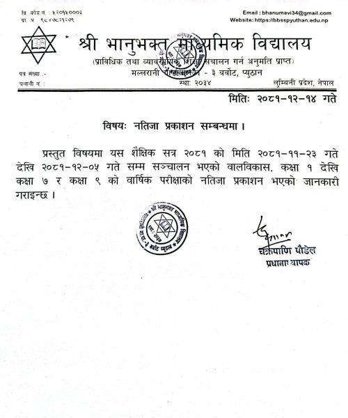 वालविकाश, कक्षा १ देखि ७ र कक्षा ९ को बार्षिक परीक्षा २०८१ को नतिजा प्रकाशन सम्बन्धी जानकारी।