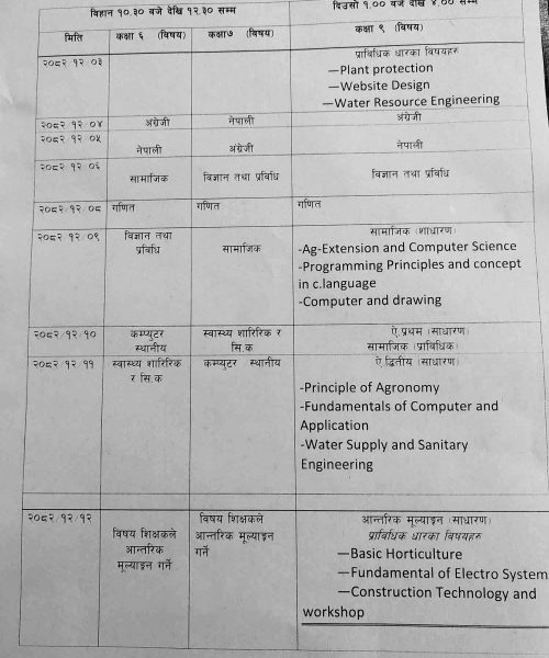 कक्षा – ६, ७ र ९ सम्मको वार्षिक परीक्षा – २०८२ को समय तालिका