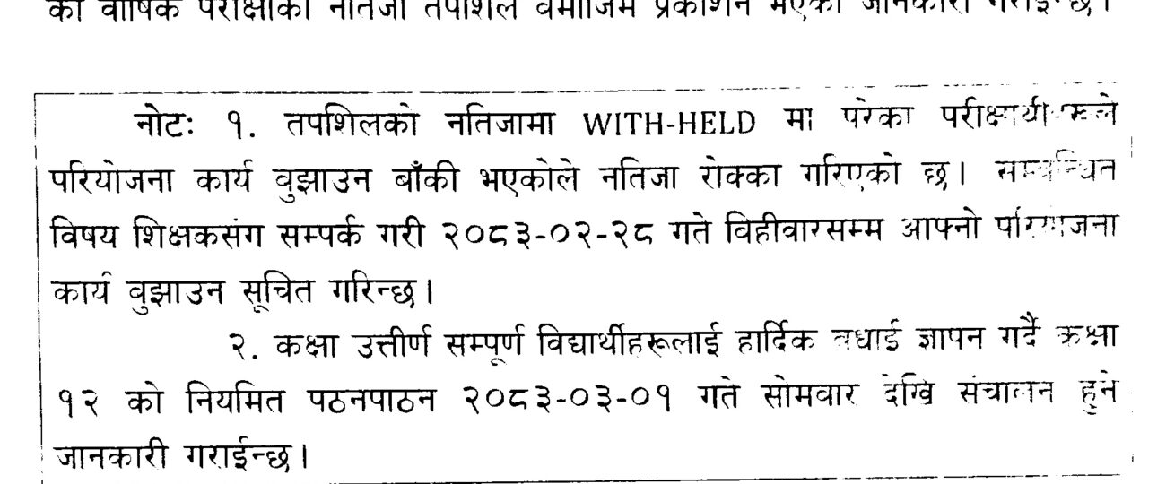 कक्षा ११ को नतिजा प्रकाशित भयो।
