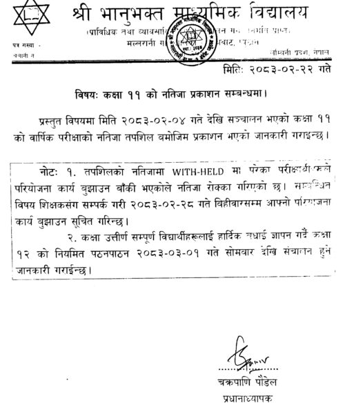 कक्षा ११ को नतिजा प्रकाशित भयो।
